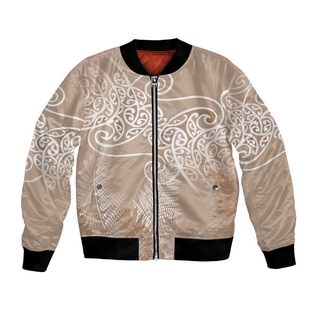 Aotearoa Maori Koru Curves Bomber Jacket Silver Ferns - Mocha