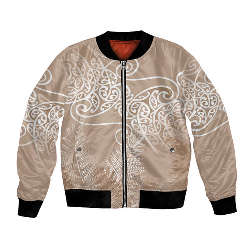 Aotearoa Maori Koru Curves Bomber Jacket Silver Ferns - Mocha