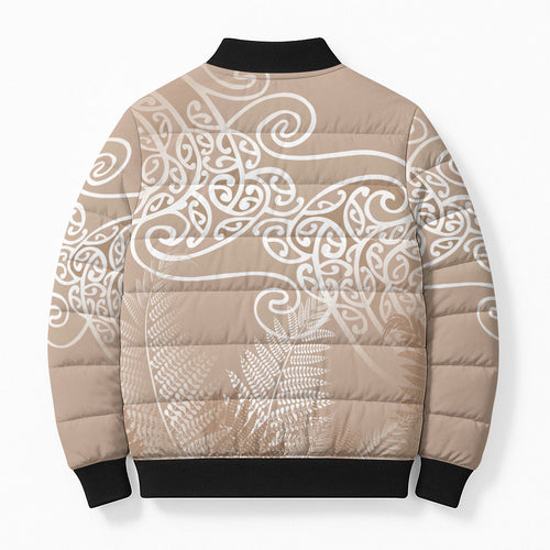Aotearoa Maori Koru Curves Bomber Puffer Jacket Silver Ferns - Mocha