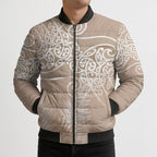 Aotearoa Maori Koru Curves Bomber Puffer Jacket Silver Ferns - Mocha