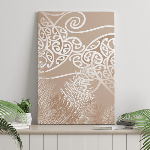 Aotearoa Maori Koru Curves Canvas Wall Art Silver Ferns - Mocha
