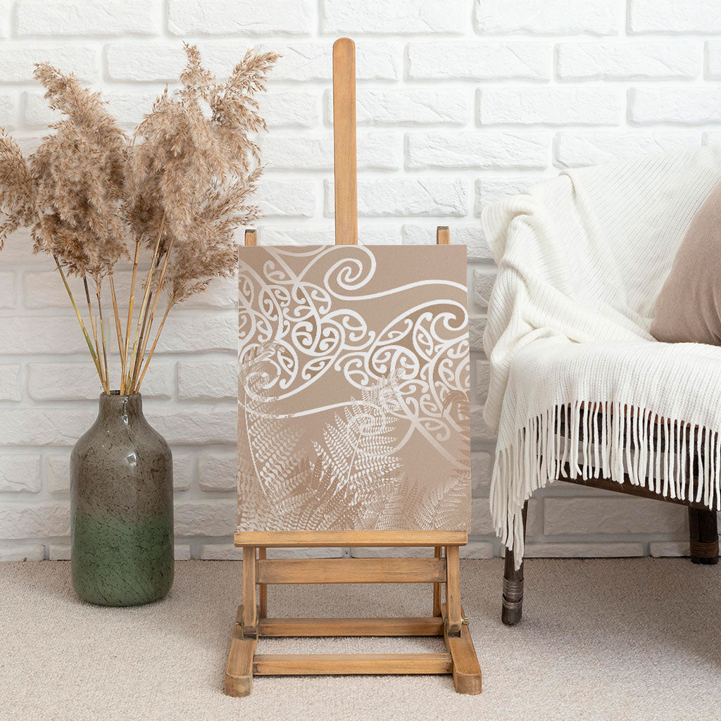 Aotearoa Maori Koru Curves Canvas Wall Art Silver Ferns - Mocha