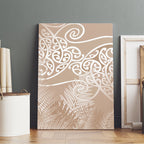 Aotearoa Maori Koru Curves Canvas Wall Art Silver Ferns - Mocha
