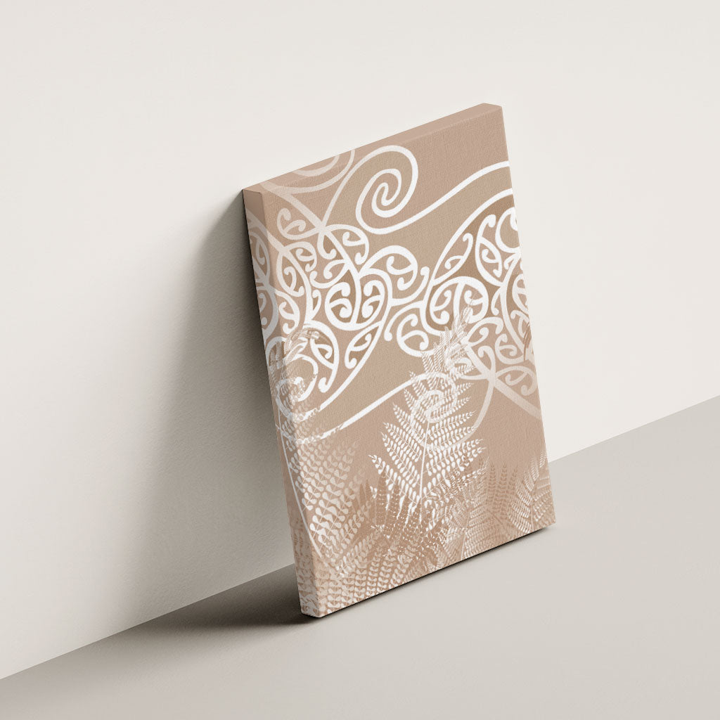 Aotearoa Maori Koru Curves Canvas Wall Art Silver Ferns - Mocha