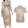Aotearoa Maori Koru Curves Couples Matching Long Sleeve Bodycon Dress and Hawaiian Shirt Silver Ferns - Mocha
