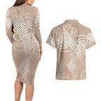 Aotearoa Maori Koru Curves Couples Matching Long Sleeve Bodycon Dress and Hawaiian Shirt Silver Ferns - Mocha