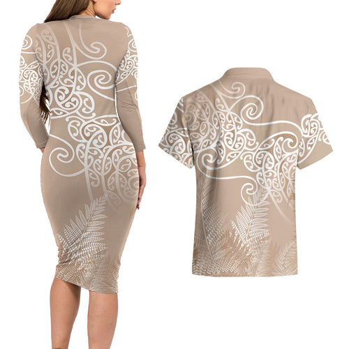 Aotearoa Maori Koru Curves Couples Matching Long Sleeve Bodycon Dress and Hawaiian Shirt Silver Ferns - Mocha