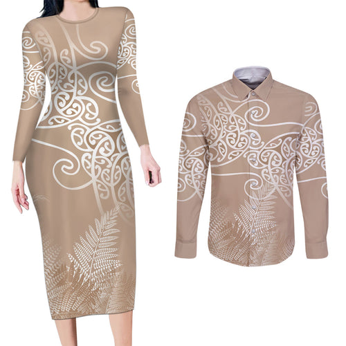Aotearoa Maori Koru Curves Couples Matching Long Sleeve Bodycon Dress and Long Sleeve Button Shirt Silver Ferns - Mocha