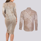 Aotearoa Maori Koru Curves Couples Matching Long Sleeve Bodycon Dress and Long Sleeve Button Shirt Silver Ferns - Mocha