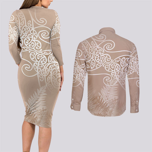 Aotearoa Maori Koru Curves Couples Matching Long Sleeve Bodycon Dress and Long Sleeve Button Shirt Silver Ferns - Mocha