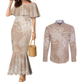 Aotearoa Maori Koru Curves Couples Matching Mermaid Dress and Long Sleeve Button Shirt Silver Ferns - Mocha