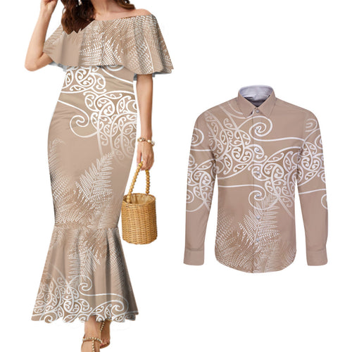 Aotearoa Maori Koru Curves Couples Matching Mermaid Dress and Long Sleeve Button Shirt Silver Ferns - Mocha