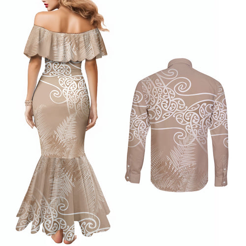 Aotearoa Maori Koru Curves Couples Matching Mermaid Dress and Long Sleeve Button Shirt Silver Ferns - Mocha