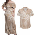 Aotearoa Maori Koru Curves Couples Matching Off Shoulder Maxi Dress and Hawaiian Shirt Silver Ferns - Mocha