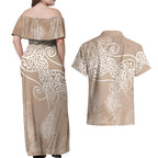 Aotearoa Maori Koru Curves Couples Matching Off Shoulder Maxi Dress and Hawaiian Shirt Silver Ferns - Mocha