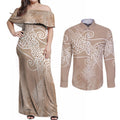 Aotearoa Maori Koru Curves Couples Matching Off Shoulder Maxi Dress and Long Sleeve Button Shirt Silver Ferns - Mocha