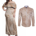 Aotearoa Maori Koru Curves Couples Matching Off Shoulder Maxi Dress and Long Sleeve Button Shirt Silver Ferns - Mocha