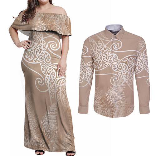 Aotearoa Maori Koru Curves Couples Matching Off Shoulder Maxi Dress and Long Sleeve Button Shirt Silver Ferns - Mocha