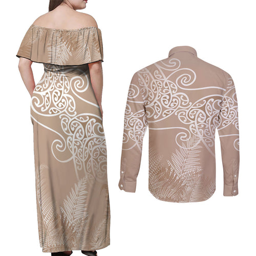 Aotearoa Maori Koru Curves Couples Matching Off Shoulder Maxi Dress and Long Sleeve Button Shirt Silver Ferns - Mocha