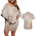 Aotearoa Maori Koru Curves Couples Matching Off Shoulder Short Dress and Hawaiian Shirt Silver Ferns - Mocha