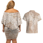 Aotearoa Maori Koru Curves Couples Matching Off Shoulder Short Dress and Hawaiian Shirt Silver Ferns - Mocha