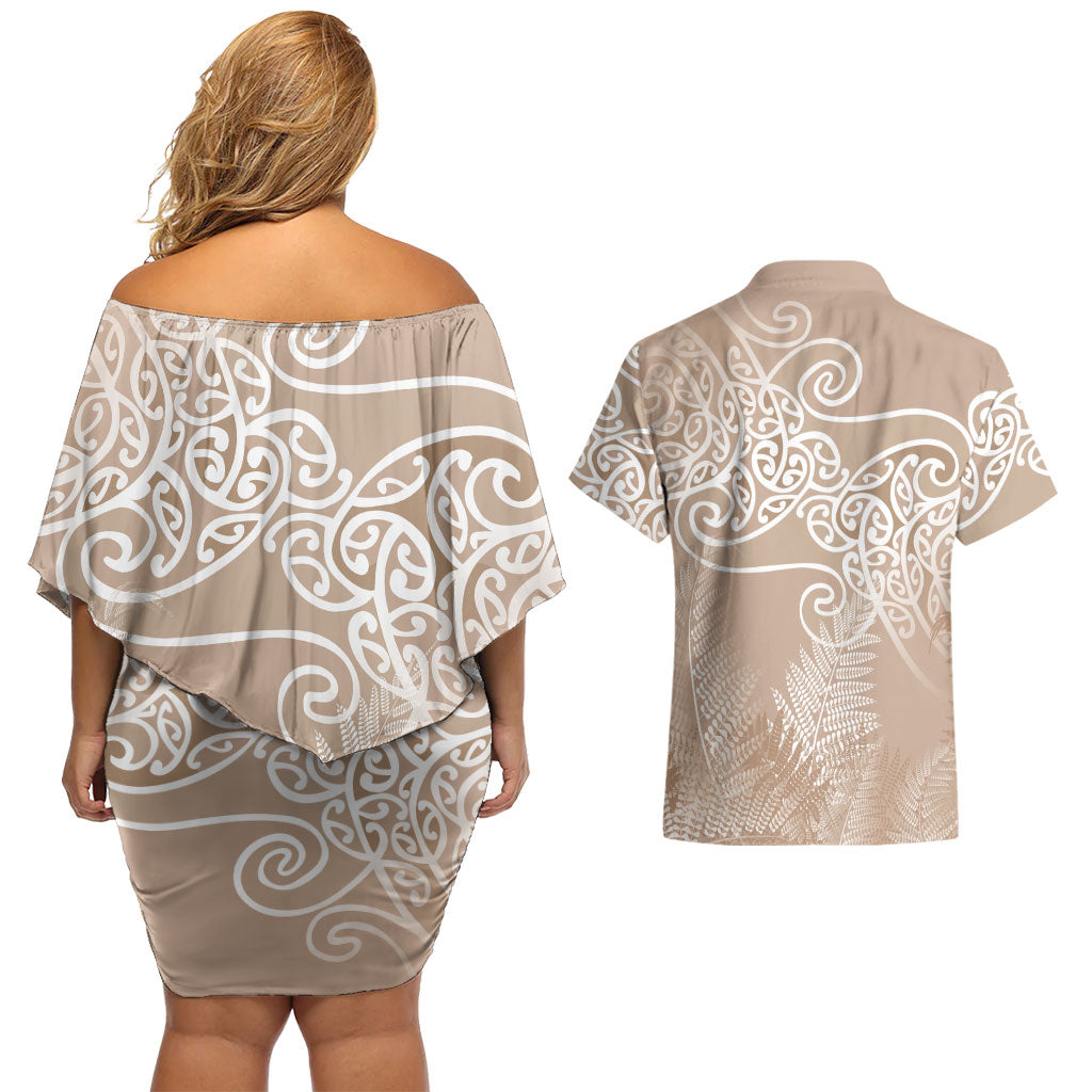 Aotearoa Maori Koru Curves Couples Matching Off Shoulder Short Dress and Hawaiian Shirt Silver Ferns - Mocha