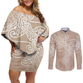 Aotearoa Maori Koru Curves Couples Matching Off Shoulder Short Dress and Long Sleeve Button Shirt Silver Ferns - Mocha