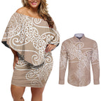 Aotearoa Maori Koru Curves Couples Matching Off Shoulder Short Dress and Long Sleeve Button Shirt Silver Ferns - Mocha