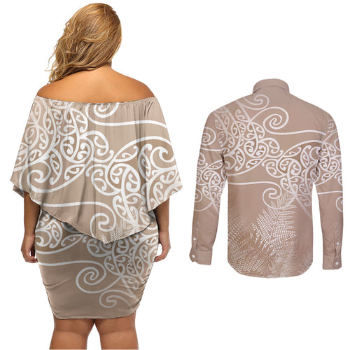 Aotearoa Maori Koru Curves Couples Matching Off Shoulder Short Dress and Long Sleeve Button Shirt Silver Ferns - Mocha