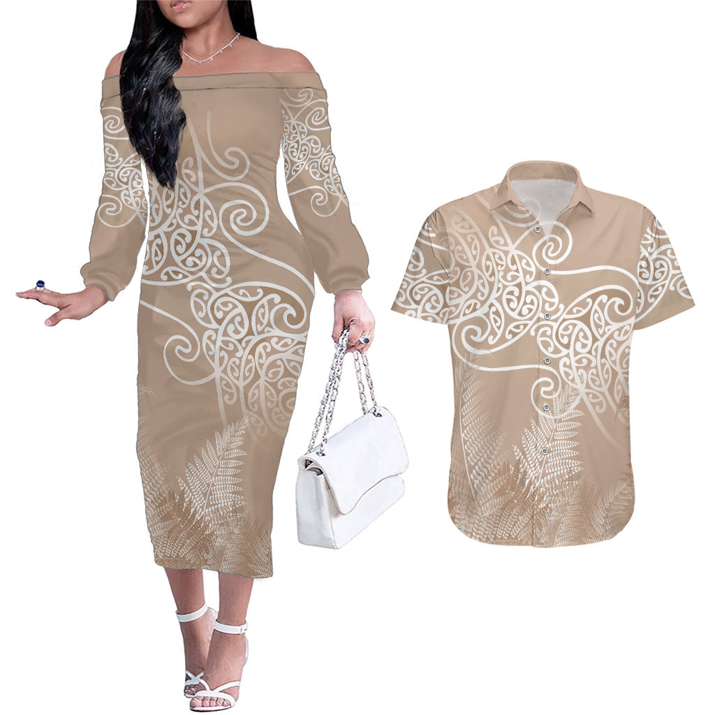 Aotearoa Maori Koru Curves Couples Matching Off The Shoulder Long Sleeve Dress and Hawaiian Shirt Silver Ferns - Mocha