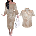 Aotearoa Maori Koru Curves Couples Matching Off The Shoulder Long Sleeve Dress and Hawaiian Shirt Silver Ferns - Mocha