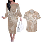 Aotearoa Maori Koru Curves Couples Matching Off The Shoulder Long Sleeve Dress and Hawaiian Shirt Silver Ferns - Mocha