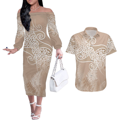 Aotearoa Maori Koru Curves Couples Matching Off The Shoulder Long Sleeve Dress and Hawaiian Shirt Silver Ferns - Mocha