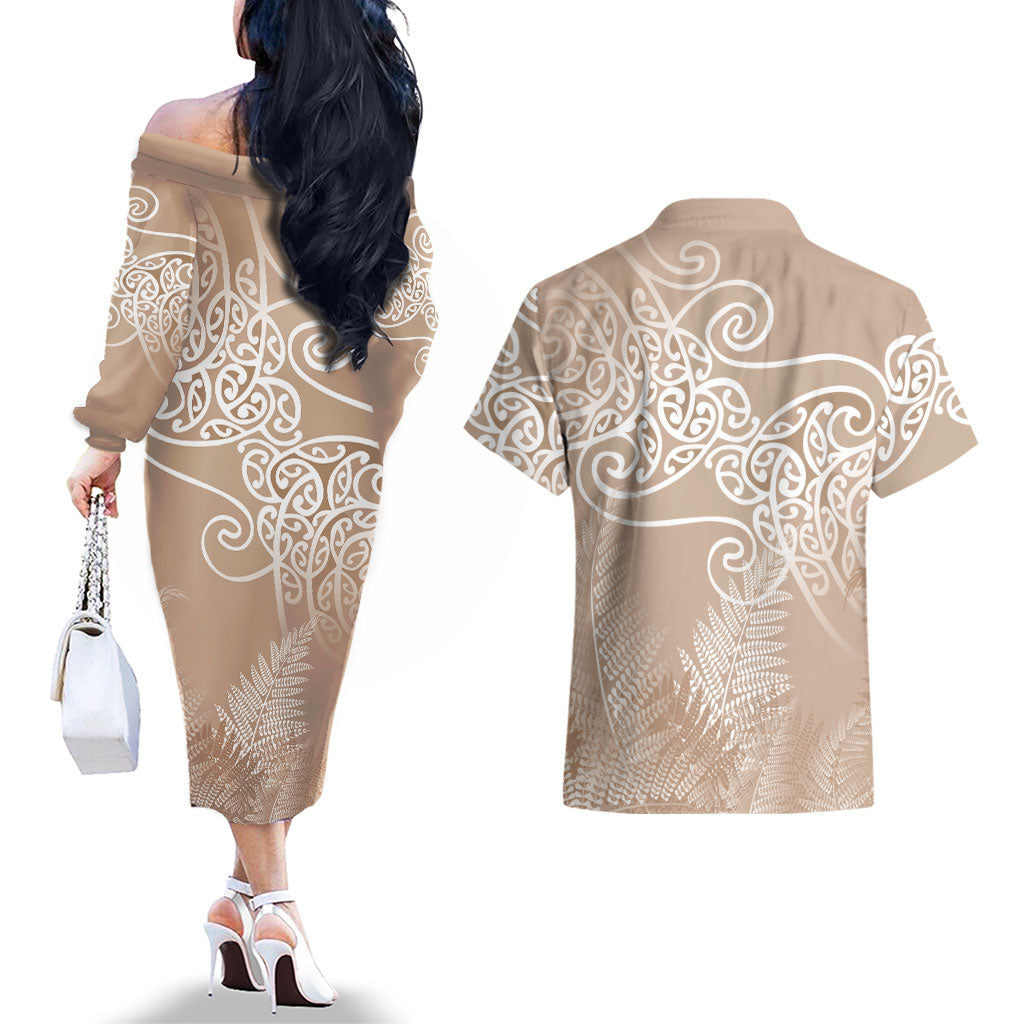 Aotearoa Maori Koru Curves Couples Matching Off The Shoulder Long Sleeve Dress and Hawaiian Shirt Silver Ferns - Mocha