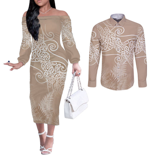 Aotearoa Maori Koru Curves Couples Matching Off The Shoulder Long Sleeve Dress and Long Sleeve Button Shirt Silver Ferns - Mocha