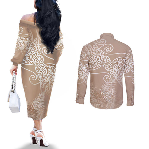 Aotearoa Maori Koru Curves Couples Matching Off The Shoulder Long Sleeve Dress and Long Sleeve Button Shirt Silver Ferns - Mocha