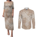 Aotearoa Maori Koru Curves Couples Matching Puletasi and Long Sleeve Button Shirt Silver Ferns - Mocha
