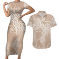 Aotearoa Maori Koru Curves Couples Matching Short Sleeve Bodycon Dress and Hawaiian Shirt Silver Ferns - Mocha