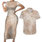Aotearoa Maori Koru Curves Couples Matching Short Sleeve Bodycon Dress and Hawaiian Shirt Silver Ferns - Mocha