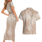 Aotearoa Maori Koru Curves Couples Matching Short Sleeve Bodycon Dress and Hawaiian Shirt Silver Ferns - Mocha
