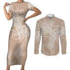 Aotearoa Maori Koru Curves Couples Matching Short Sleeve Bodycon Dress and Long Sleeve Button Shirt Silver Ferns - Mocha