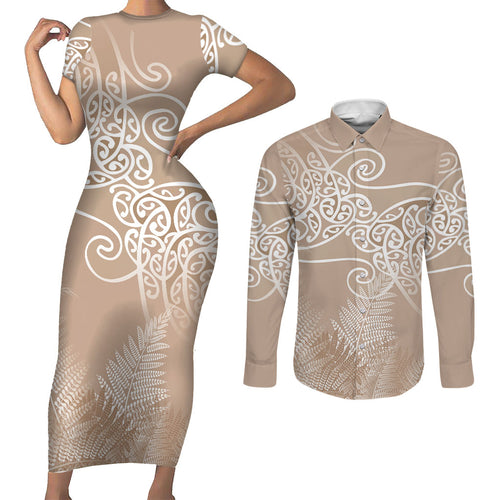 Aotearoa Maori Koru Curves Couples Matching Short Sleeve Bodycon Dress and Long Sleeve Button Shirt Silver Ferns - Mocha