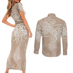 Aotearoa Maori Koru Curves Couples Matching Short Sleeve Bodycon Dress and Long Sleeve Button Shirt Silver Ferns - Mocha