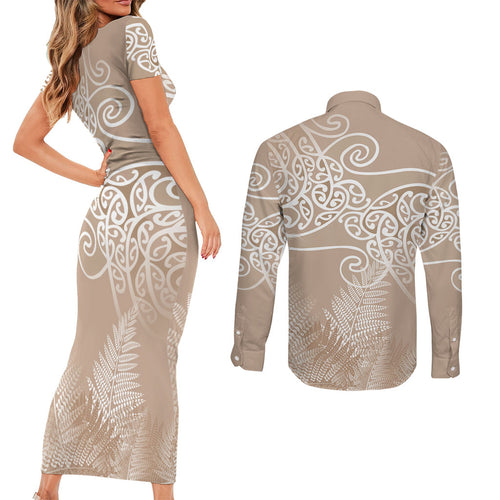 Aotearoa Maori Koru Curves Couples Matching Short Sleeve Bodycon Dress and Long Sleeve Button Shirt Silver Ferns - Mocha