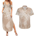 Aotearoa Maori Koru Curves Couples Matching Summer Maxi Dress and Hawaiian Shirt Silver Ferns - Mocha