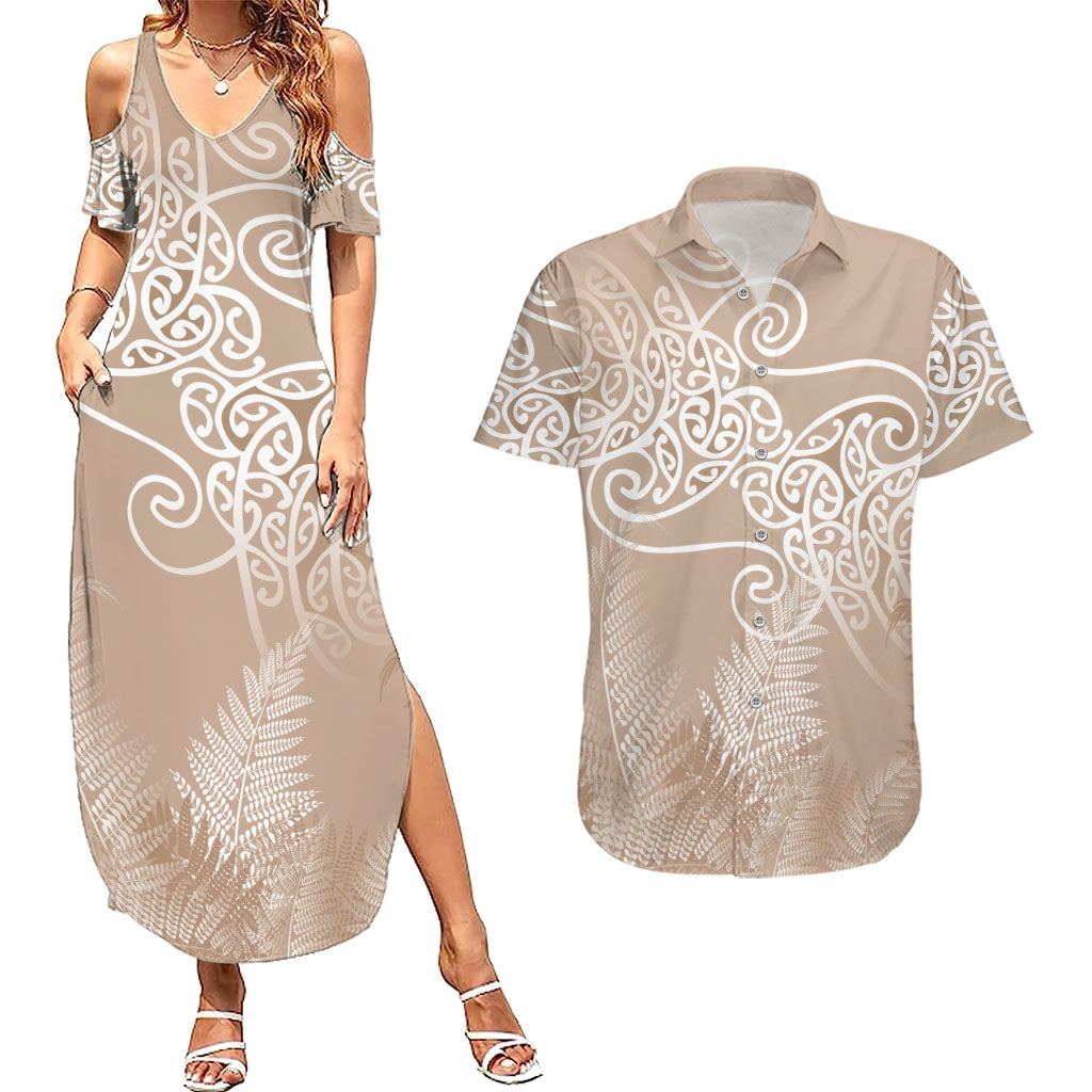 Aotearoa Maori Koru Curves Couples Matching Summer Maxi Dress and Hawaiian Shirt Silver Ferns - Mocha