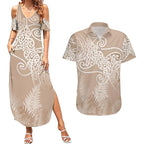 Aotearoa Maori Koru Curves Couples Matching Summer Maxi Dress and Hawaiian Shirt Silver Ferns - Mocha