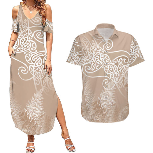 Aotearoa Maori Koru Curves Couples Matching Summer Maxi Dress and Hawaiian Shirt Silver Ferns - Mocha