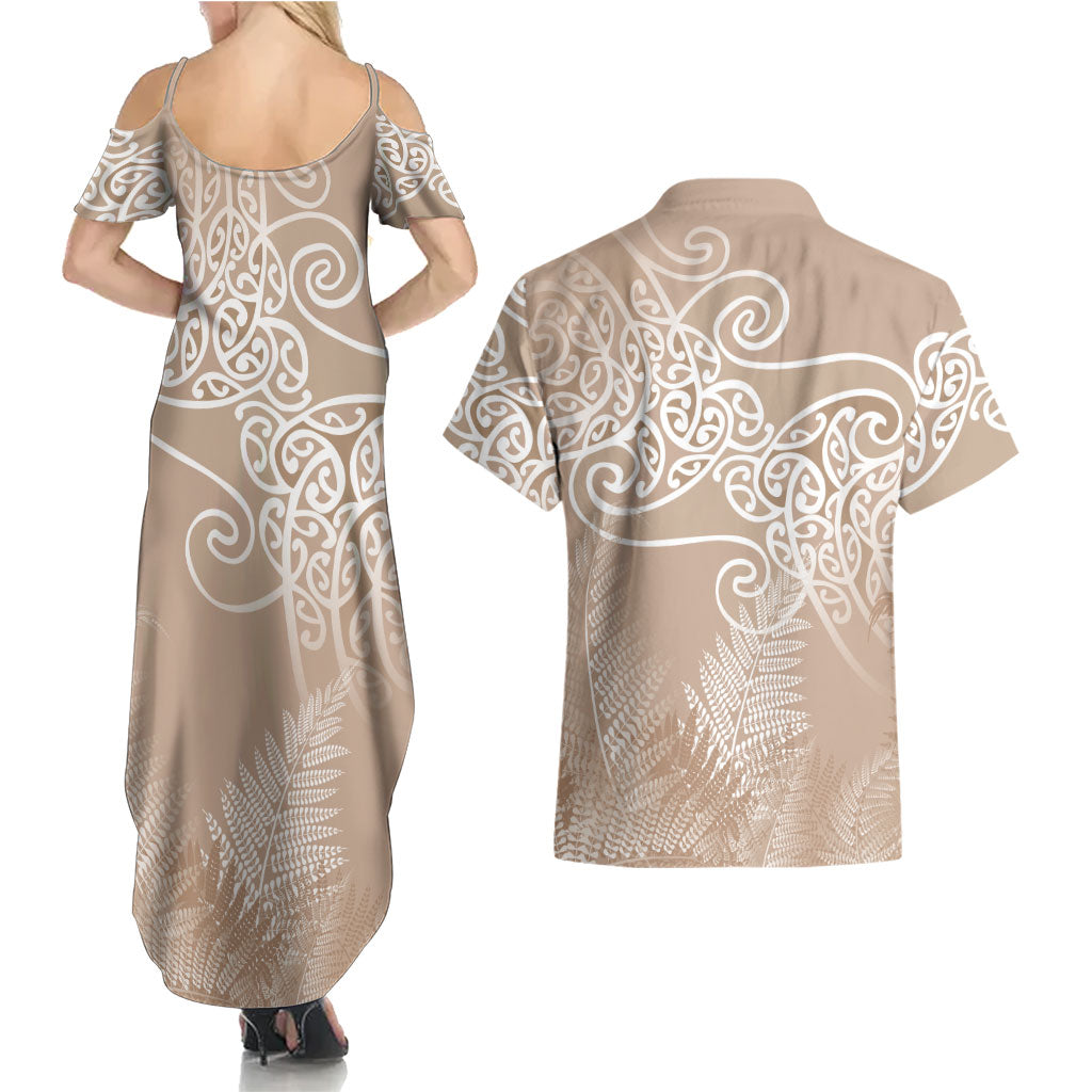 Aotearoa Maori Koru Curves Couples Matching Summer Maxi Dress and Hawaiian Shirt Silver Ferns - Mocha