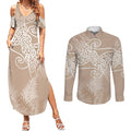 Aotearoa Maori Koru Curves Couples Matching Summer Maxi Dress and Long Sleeve Button Shirt Silver Ferns - Mocha